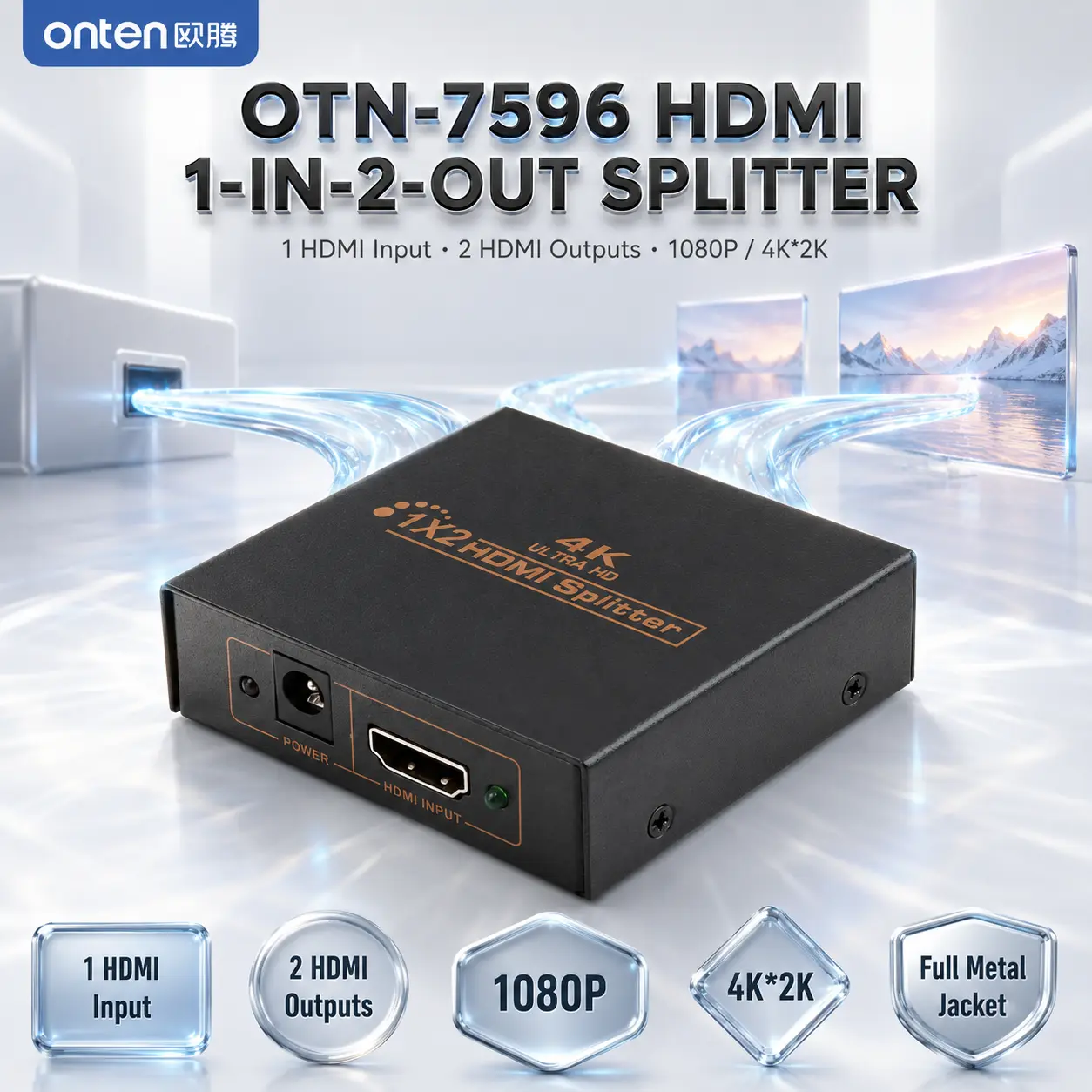 IMG_6a86c64852db8.webp ONTEN OTN-7596 HDMI 1-in-2-Out Splitter, 1080P / 4K*2K HDMI Distributor with Full Metal Jacket, High-Performance Digital Conversion Chip, Black, 65 × 60 × 20 mm - Image 1
