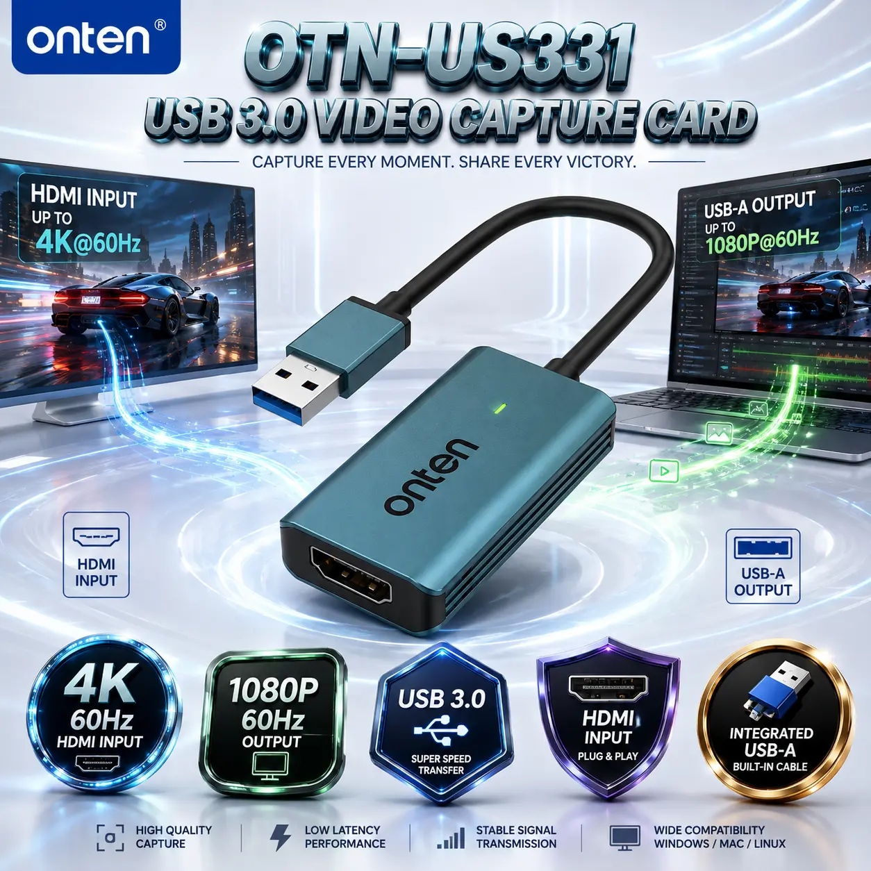 IMG_6a86cb77f39c9.webp ONTEN OTN-US331 USB 3.0 Video Capture Card, HDMI Input Up to 4K@60Hz, USB-A Output Up to 1080P@60Hz with Integrated USB Cable - Image 1