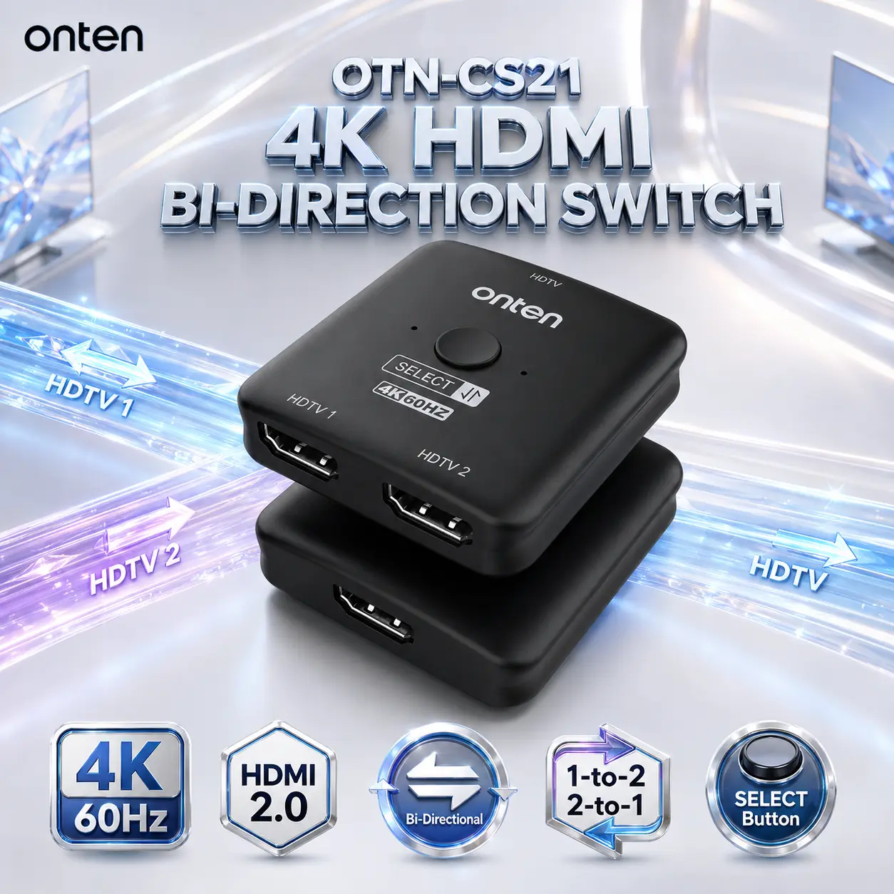 IMG_6a86d1ff68271.webp ONTEN OTN-CS21 4K@60Hz HDMI 2.0 Bi-Directional Switch, 1-to-2 / 2-to-1 HDMI Signal Selector with Physical Select Button for Compatible HDMI Devices - Image 1