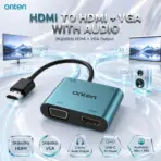 ONTEN HDMI to HDMI + VGA with Audio Adapter, Up to 2K@60Hz HDMI & VGA Output, 3.5mm Audio Output, USB-C 5V Power Input, 170mm Cable, Aluminium Alloy + ABS