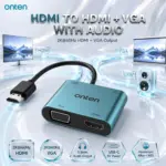 ONTEN HDMI to HDMI + VGA with Audio Adapter, Up to 2K@60Hz HDMI & VGA Output, 3.5mm Audio Output, USB-C 5V Power Input, 170mm Cable, Aluminium Alloy + ABS