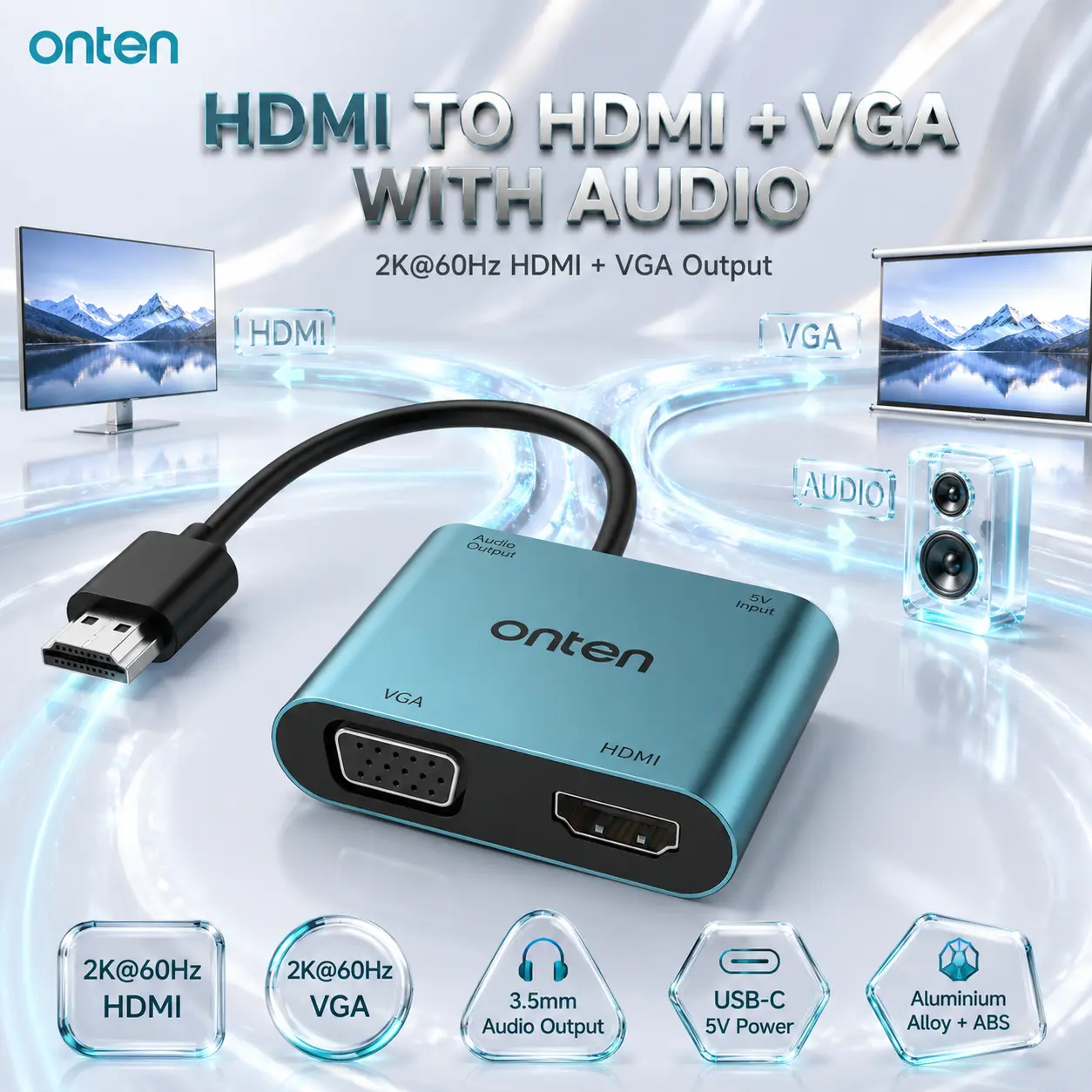 IMG_6a86d3894a772.webp ONTEN HDMI to HDMI + VGA with Audio Adapter, Up to 2K@60Hz HDMI & VGA Output, 3.5mm Audio Output, USB-C 5V Power Input, 170mm Cable, Aluminium Alloy + ABS - Image 1