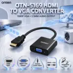 ONTEN OTN-5169 HDMI to VGA Female Converter with Audio, HDMI Male Input to VGA Female 1080P Output with 3.5mm Audio Jack and Integrated Cable