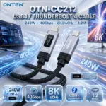 ONTEN OTN-CC212 USB4 / Thunderbolt 4 USB-C Cable, 240W PD 3.1, 40Gbps Data, 8K@60Hz Video, Digital Display, USB-C to USB-C, 1.2M — Black