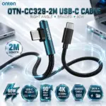 ONTEN OTN-CC329-2M USB-C to USB-C Right-Angle Braided Data Cable – 2M Length, Up to 60W Charging, 90° Connector Design | Black & Teal