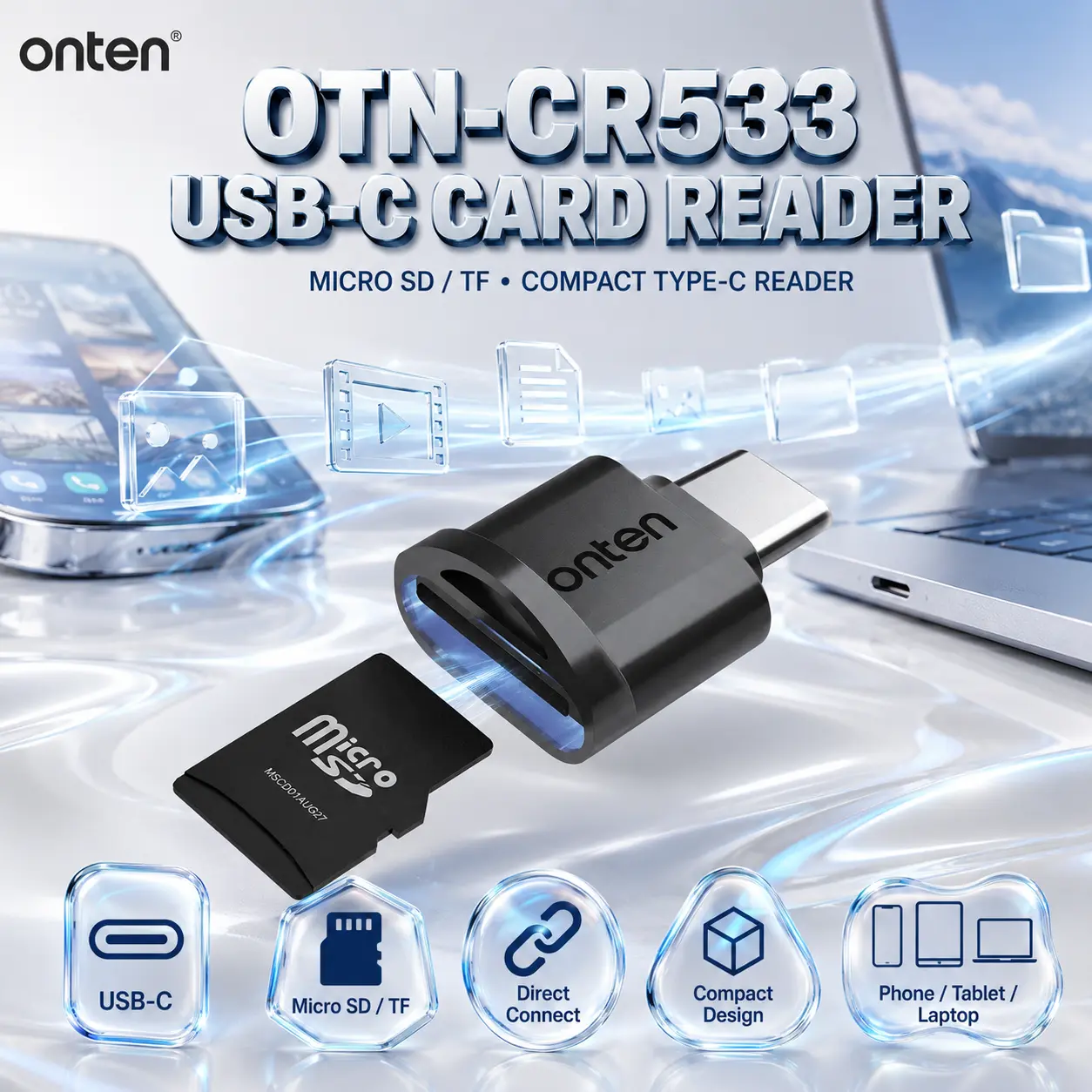 IMG_6a86f42d3aa5a.webp ONTEN OTN-CR533 USB-C to Micro SD / TF Card Reader, Compact Type-C Memory Card Adapter for Compatible Smartphones, Tablets & Laptops — Black - Image 1