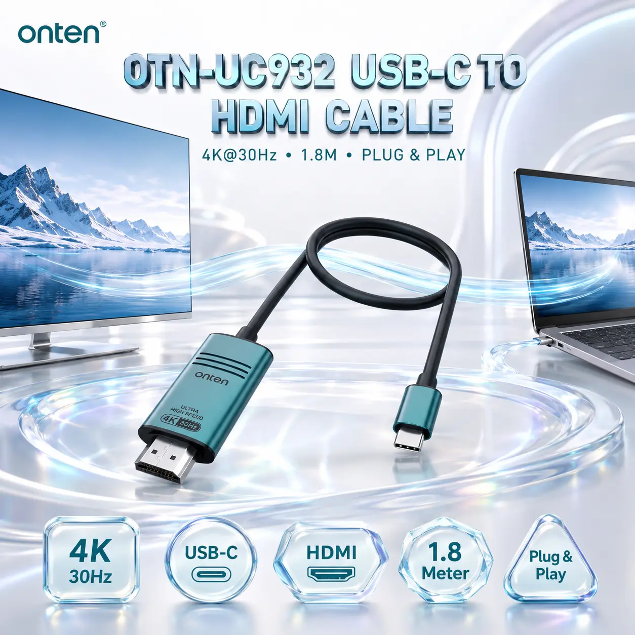 IMG_6a86f5b4d741c.webp ONTEN OTN-UC932 USB-C to HDMI Cable 1.8M, 4K@30Hz Video Output, Plug & Play Type-C to HDMI Cable for Compatible MacBook, Windows Laptops, TVs, Monitors & Projectors - Image 1