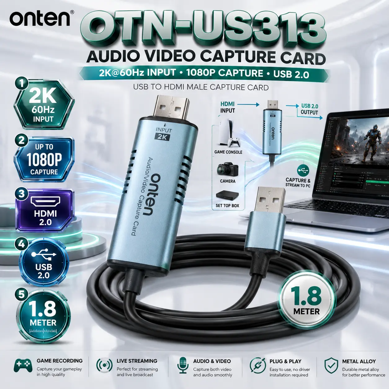 IMG_6a86fbc73eef7.webp ONTEN OTN-US313 USB Audio Video Capture Card, 2K@60Hz HDMI Input, Up to 1080P Capture, HDMI 2.0 to USB 2.0, 1.8M Metal Alloy Cable for Game Recording & Streaming - Image 1