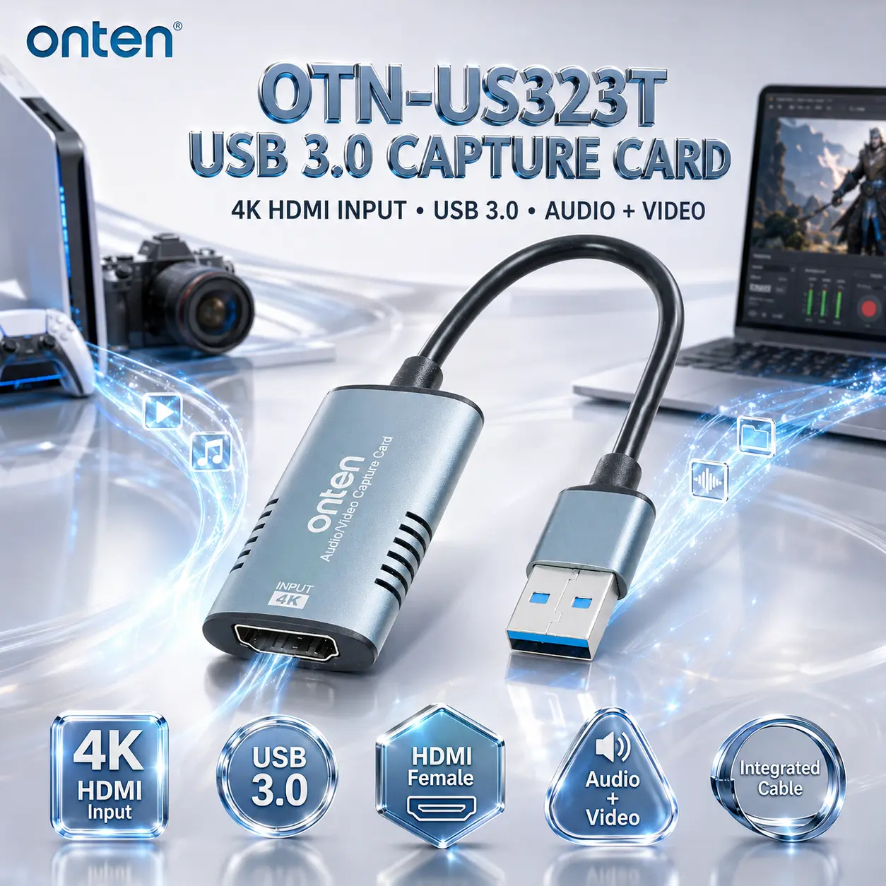 IMG_6a86fcfd6b424.webp ONTEN OTN-US323T USB 3.0 Audio Video Capture Card, 4K HDMI Female Input to USB-A 3.0 Host Adapter with Integrated Cable for Compatible Recording & Streaming Setups - Image 1