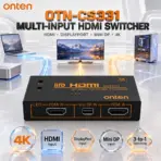 ONTEN OTN-CS331 4K HDMI / DisplayPort / Mini DisplayPort to HDMI Switcher, Multi-Input Source Selector with Manual Switching and 1/2/3 Input Indicators