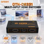 ONTEN OTN-CS331 4K HDMI / DisplayPort / Mini DisplayPort to HDMI Switcher, Multi-Input Source Selector with Manual Switching and 1/2/3 Input Indicators