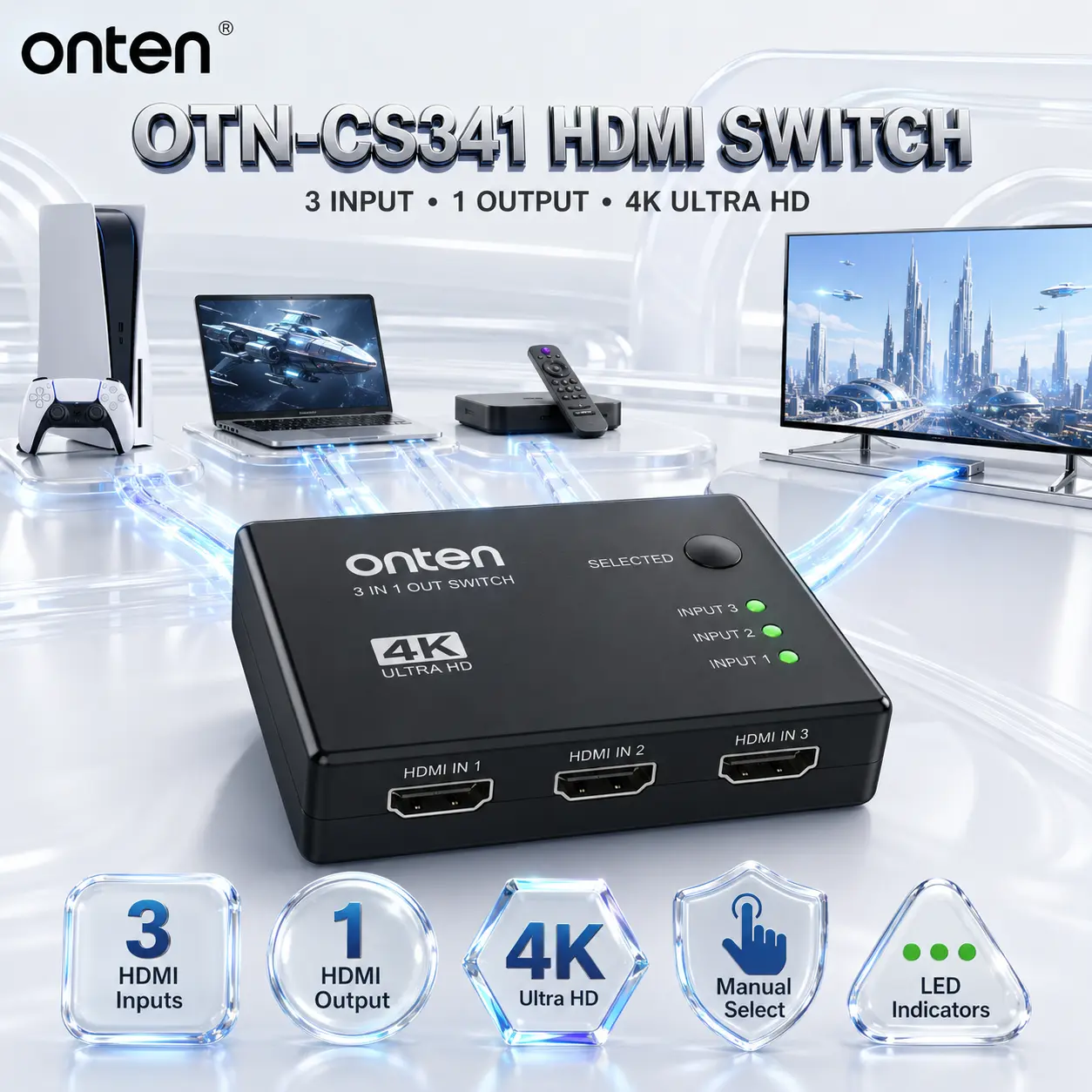 IMG_6a87000c29a03.webp ONTEN OTN-CS341 HDMI Switch 3 In 1 Out, 4K Ultra HD Multi-Source HDMI Selector with Manual Select Button and LED Input Indicators - Image 1