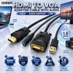 ONTEN OTN-5137 HDMI to VGA Adapter Cable with Audio, 1080P HDMI-to-VGA Converter, 1.8M Integrated Cable with Separate Audio Connection — Black