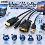 ONTEN OTN-5137 HDMI to VGA Adapter Cable with Audio, 1080P HDMI-to-VGA Converter, 1.8M Integrated Cable with Separate Audio Connection — Black