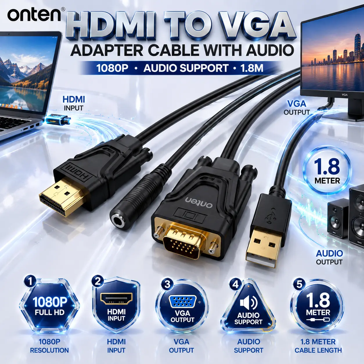 IMG_6a87027003fcb.webp ONTEN OTN-5137 HDMI to VGA Adapter Cable with Audio, 1080P HDMI-to-VGA Converter, 1.8M Integrated Cable with Separate Audio Connection — Black - Image 1