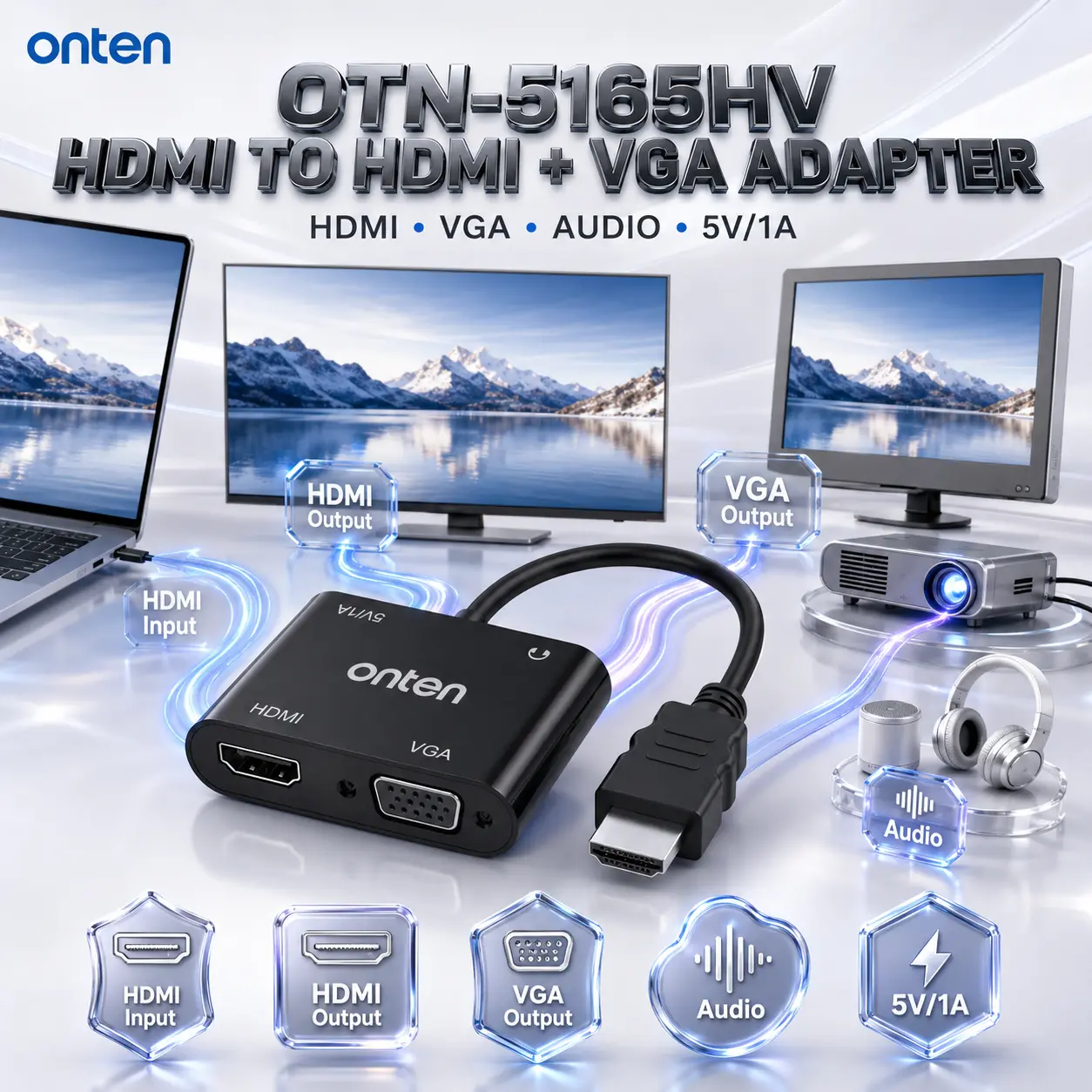 IMG_6a8709a94b918.webp ONTEN OTN-5165HV HDMI to HDMI & VGA with Audio Adapter, HDMI Male to HDMI Female + VGA Female Converter with 5V/1A Power Support - Image 1