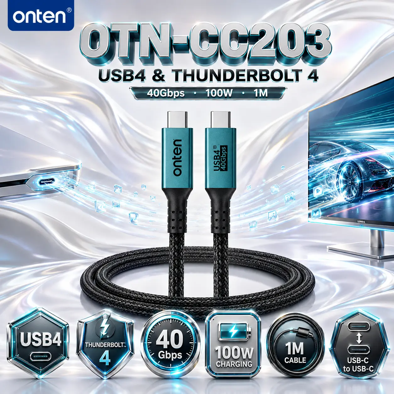 IMG_6a8818869b18e.webp ONTEN OTN-CC203-1M USB4 & Thunderbolt 4 USB-C Cable – 1M, 40Gbps High-Speed Data Transfer, 100W Charging, Full-Function Type-C to Type-C Cable - Image 1