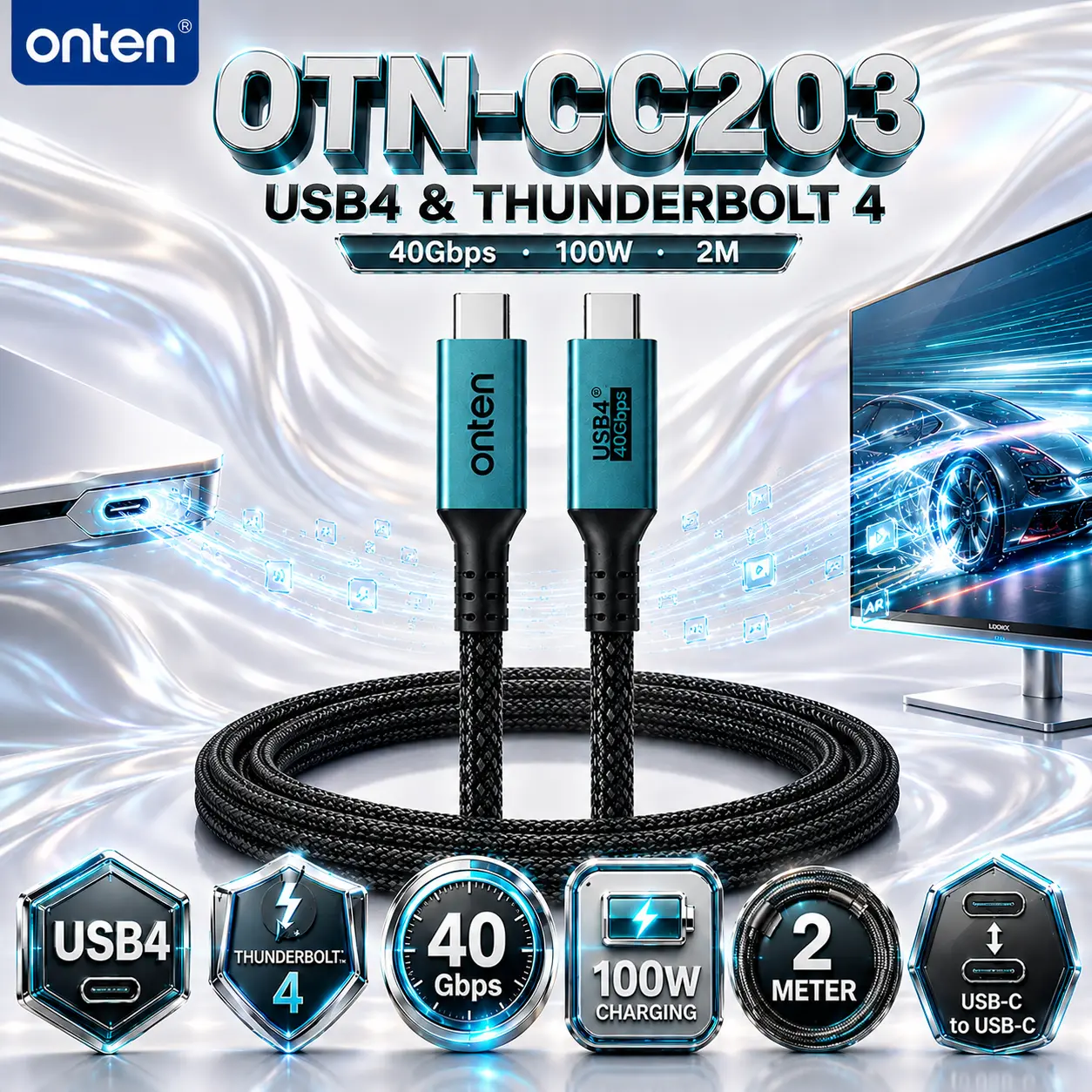 IMG_6a881a3921530.webp ONTEN OTN-CC203-2M USB4 & Thunderbolt 4 USB-C Cable – 2M, 40Gbps High-Speed Data Transfer, 100W Charging, Full-Function Type-C to Type-C Cable - Image 1
