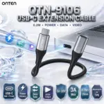 ONTEN OTN-9106-0.2M USB-C Male-to-Female Full-Function Extension Cable – 0.2M, Power Delivery, Data Sync, Video Output, 5V–20V 3A, Aluminum Alloy + TPE