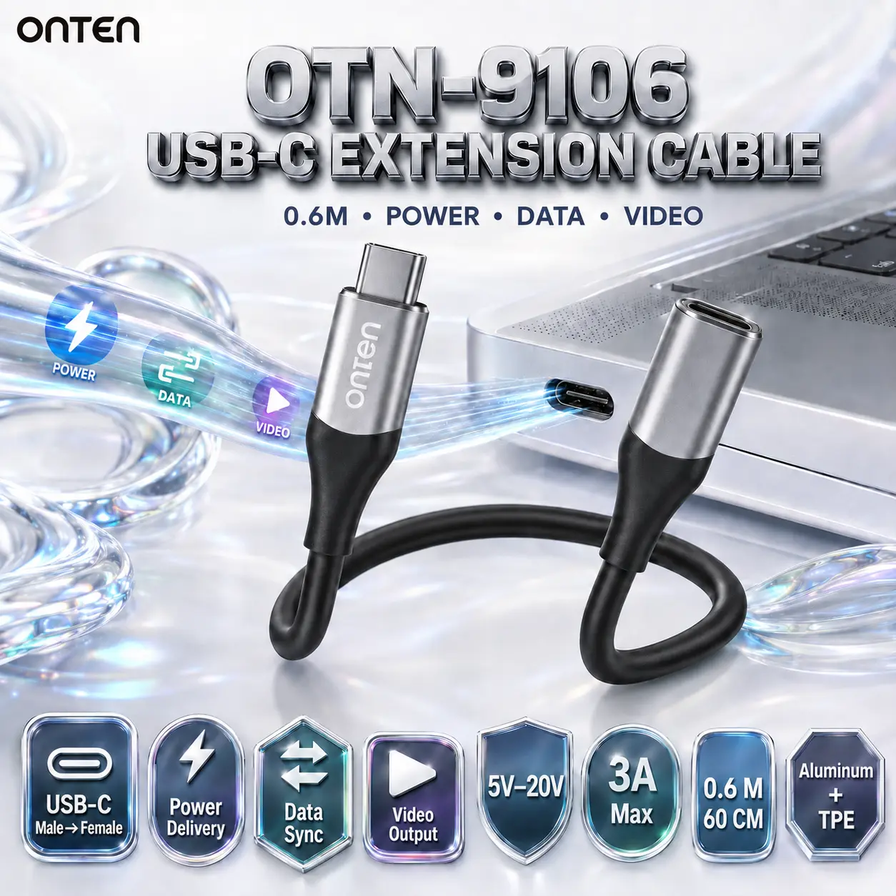 IMG_6a88225162239.webp ONTEN OTN-9106-0.6M USB-C Male-to-Female Full-Function Extension Cable – 0.6M, Power Delivery, Data Sync, Video Output, 5V–20V 3A, Aluminum Alloy + TPE - Image 1
