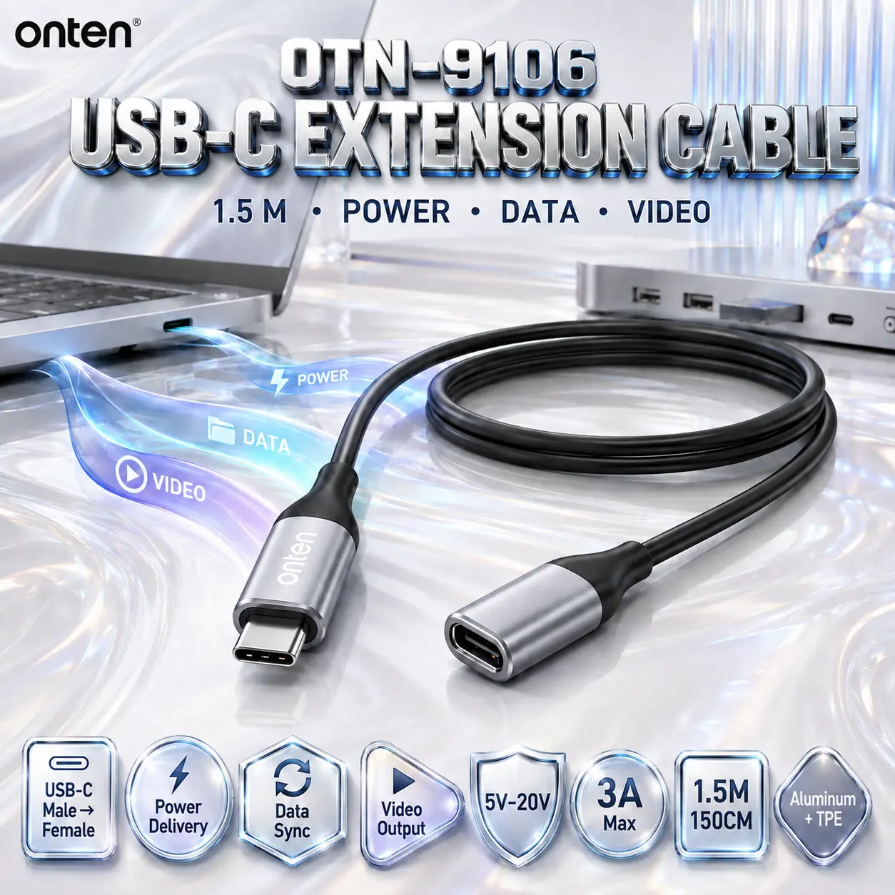 IMG_6a8827010c4b5.webp ONTEN OTN-9106-1.5M USB-C Male-to-Female Full-Function Extension Cable – 1.5M, Power Delivery, Data Sync, Video Output, 5V–20V 3A, Aluminum Alloy + TPE - Image 1