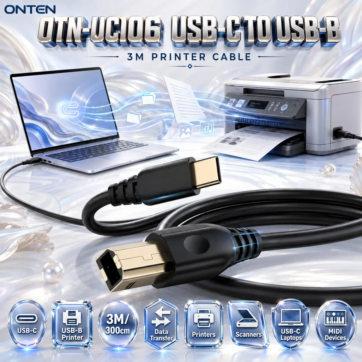 IMG_6a88285096070.webp ONTEN OTN-UC106 USB-C to USB-B Printer Cable – 3M Data Cable for Compatible Printers, Scanners, MIDI Controllers, Laptops, and USB-C Devices - Image 1