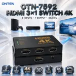 ONTEN OTN-7592 HDMI 3×1 Switch – 3 HDMI Inputs to 1 Output, 4K@30Hz, 3D & Deep Color Support, Remote Control, DC 5V/1A