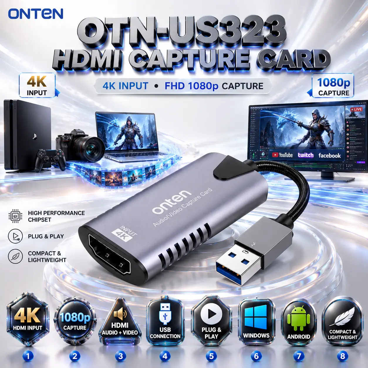 IMG_6a8830d79aafb.webp ONTEN OTN-US323 USB HDMI Audio Video Capture Card – 4K HDMI Input, Full HD 1080p Capture Output, Plug & Play, Windows & Android Support - Image 1