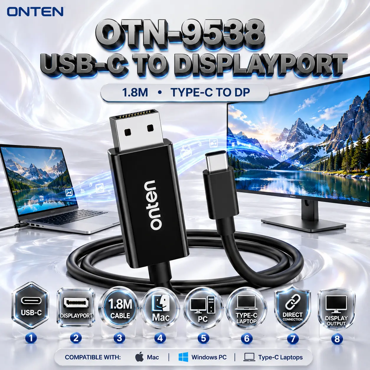 IMG_6a883fc6095ad.webp ONTEN OTN-9538 USB Type-C to DisplayPort Cable – 1.8M Type-C to DP Converter Cable for Mac, PC, and Compatible Type-C Laptops - Image 1