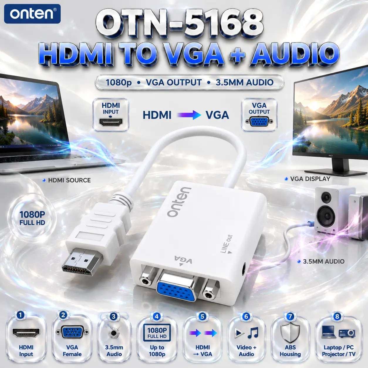IMG_6a8853eb2f7eb.webp ONTEN OTN-5168 HDMI to VGA Converter with 3.5mm Audio – Up to 1080p, HDMI Input to VGA Output, ABS Adapter - Image 1
