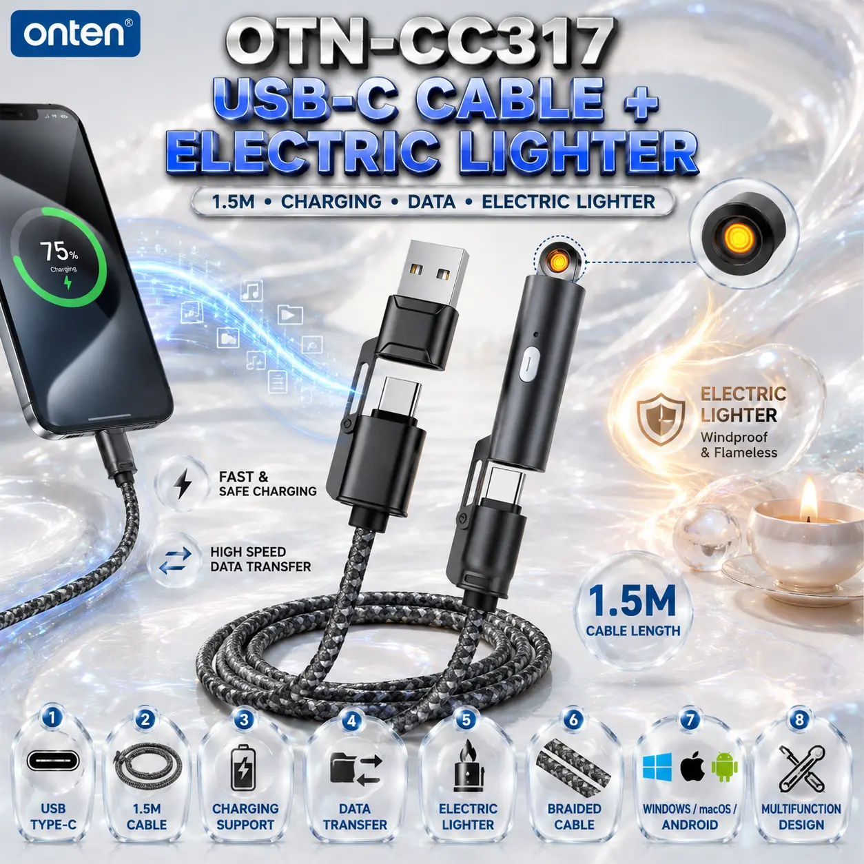 IMG_6a8855db68d7d.webp ONTEN OTN-CC317 USB Type-C Charging & Data Cable with Integrated Electric Lighter – 1.5M, Braided Design, Windows/macOS/Android - Image 1