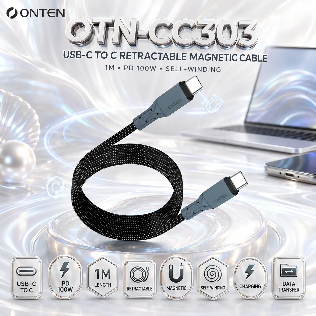 IMG_6a8856fa139cc.webp ONTEN OTN-CC303 USB-C to USB-C Retractable Magnetic Cable – 1M, PD 100W, Self-Winding, Charging & Data Transfer - Image 1