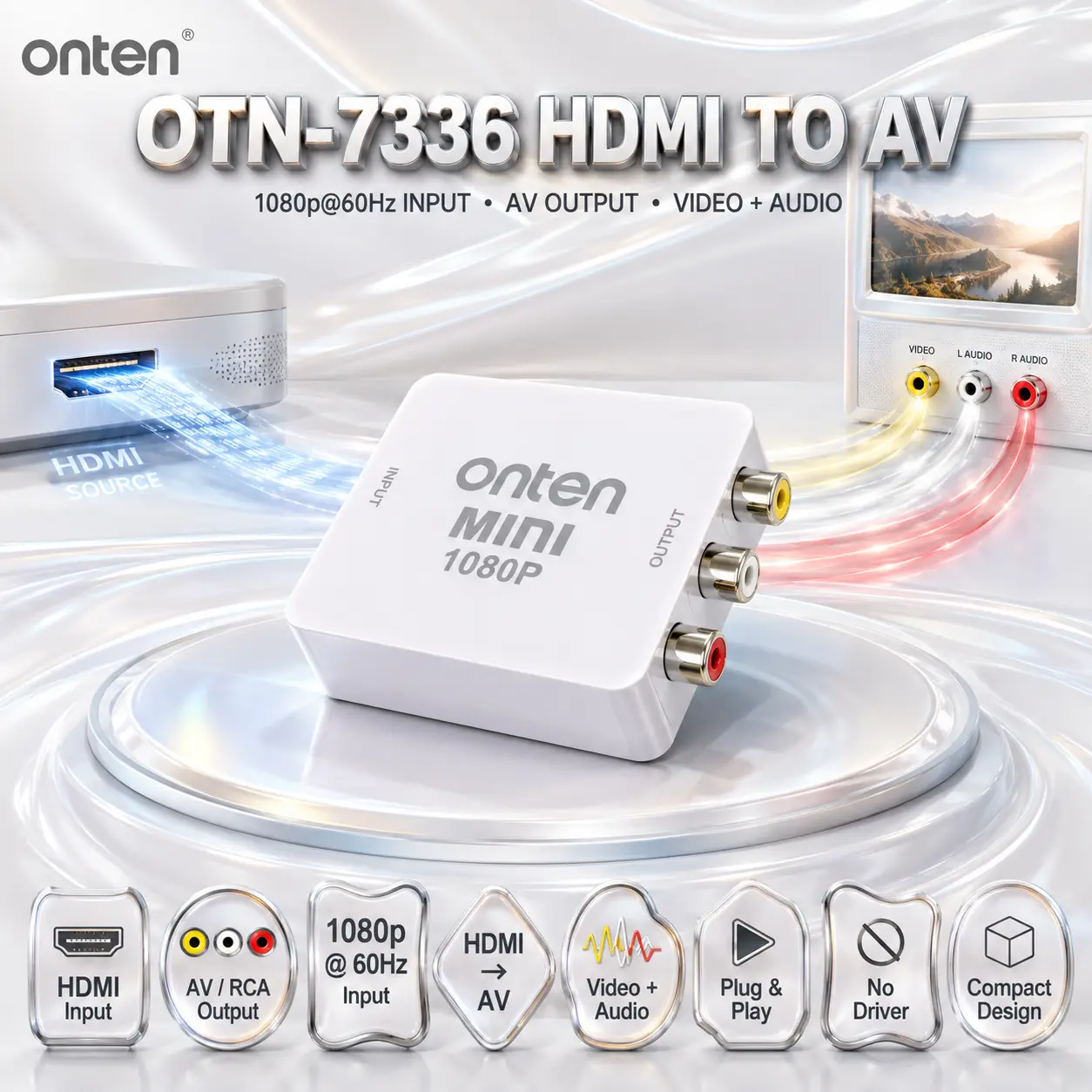 IMG_6a88599e425fa.webp ONTEN OTN-7336 HDMI to AV/RCA Converter with Audio – 1080p@60Hz HDMI Input, Composite Video + Audio Output, Plug & Play - Image 1