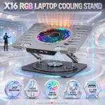 X16 Grey Aluminum RGB Laptop Cooling Stand – 360° Rotating Base, Adjustable Height and Viewing Angle, Single Cooling Fan, Speed Control, Dual USB Ports and Support Pads