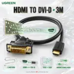 UGREEN 10136 HDMI Male to DVI-D 24+1 Male Bidirectional Video Cable, 3 m, Up to 1920×1200/1080p 60Hz, Gold-Plated Connectors – Black