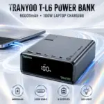 TRANYOO T-L6 60000mAh 100W Laptop Power Bank, 65W USB-C Input, 5 Outputs, 36W DC Port, Digital Display & Built-In LED Light