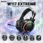 HOCO W117 Extreme Wired RGB Gaming Headset with 50mm Drivers, Flexible Omnidirectional Microphone, 3.5mm Audio, USB Lighting & 2m Cable – Black