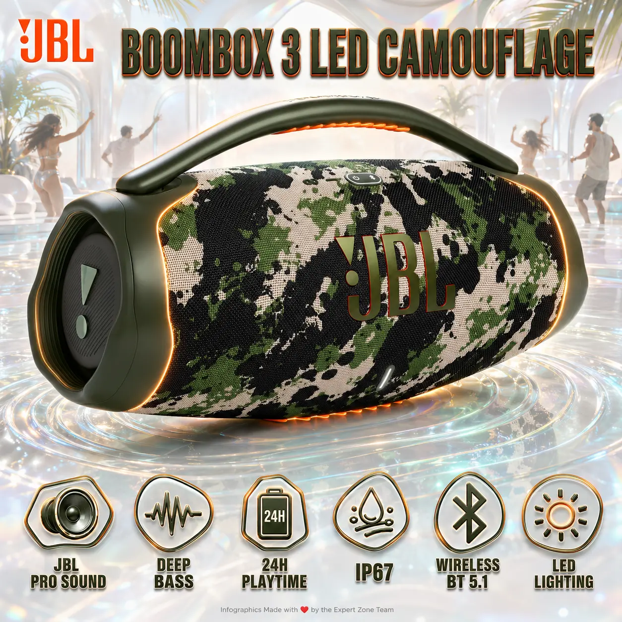 IMG_6a997beb51808.webp Boombox 3 Camouflage Portable Wireless LED Speaker With WiFi And Bluetooth 5.1, 1800mAh Rechargeable Battery, Up To 5 Hours Playtime, Speakerphone And Dual USB Charging - Image 1