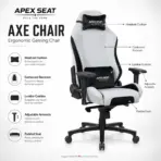 APEX SEAT AXE Ergonomic Gaming Chair – Textile Fabric, 4D Armrests, 90°–135° Recline, Class 4 Gas Lift, Headrest & Lumbar Cushions, Metal Frame, 60 mm PU Casters | GREY & BLACK - Image 10