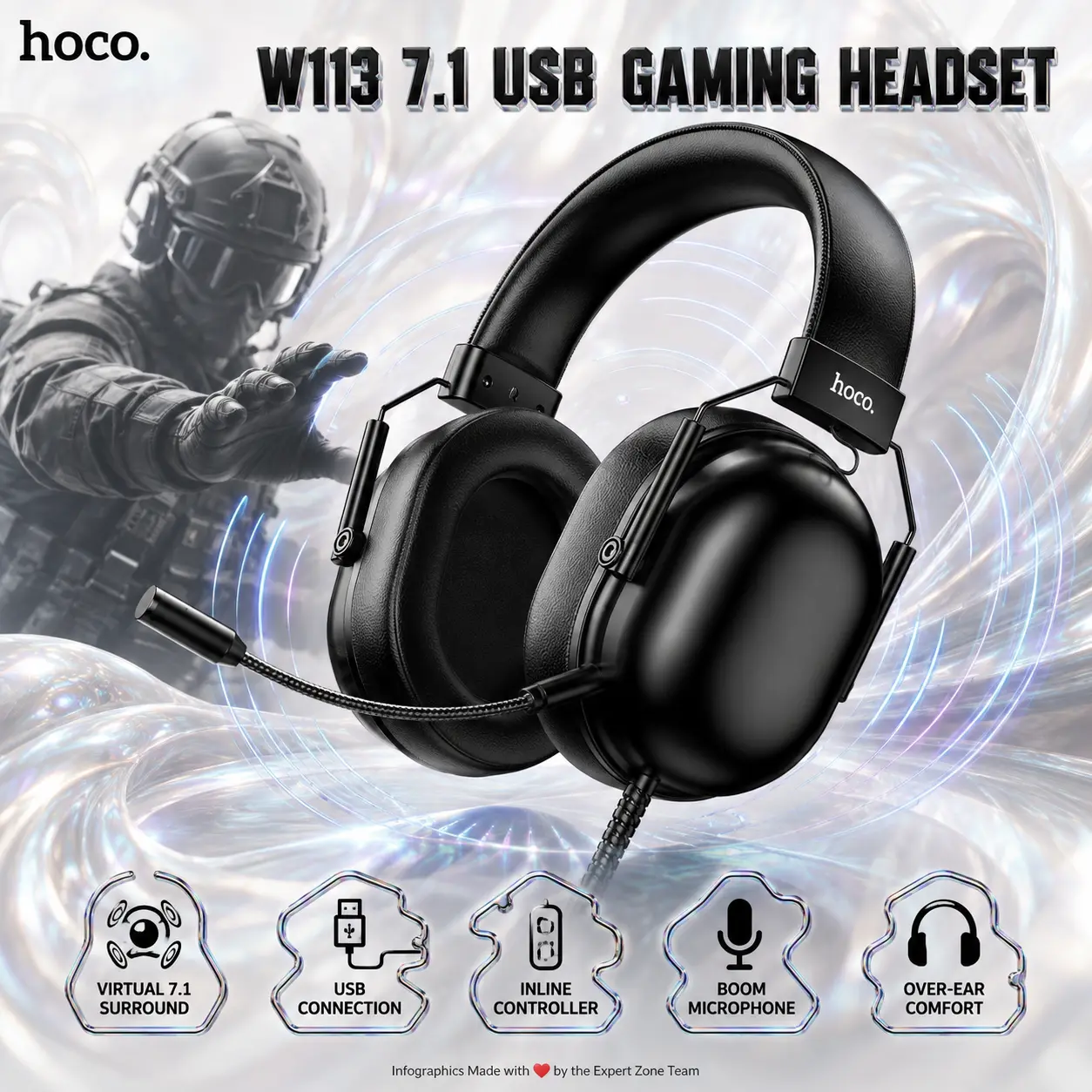 IMG_6a9ac70d21bf5.webp HOCO W113 Dynamic Multichannel USB Gaming Headset With Virtual 7.1 Surround Sound, Inline Wired Controller, Over-Ear Cushions and Adjustable Microphone – Black - Image 1