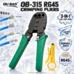 Ou Bao OB-315 Portable RG45 Crimping Pliers with Cutting, Stripping and Crimping Functions, Durable Construction, Green Handles and Yellow Stripping Accessory