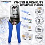 YongBang YB-318 Portable RJ45 and RJ11 Networking Crimping Pliers with 8P/6P Support, Cable Cutting, Stripping and Crimping Functions and Blue Handles