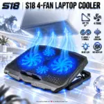 S18 Laptop Cooling Pad for Laptops Up to 17″ with Four Quiet Fans, 2 Large and 2 Small Fans, Blue LED Lighting, Ergonomic Support