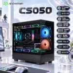 SNOWMAN CS050 M-ATX Case, Dual Tempered Glass, 3×120mm ARGB Fans, 9-Fan Cooling, 360mm Top AIO, 420mm GPU & 165mm CPU Cooler Support | Black