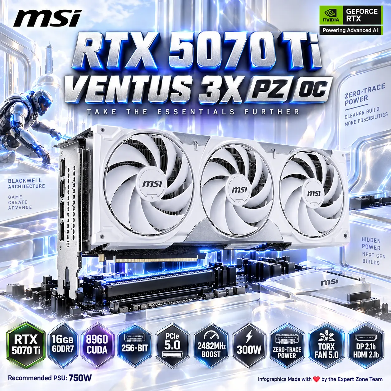 IMG_6aa29ddc651d2.webp MSI GeForce RTX 5070 Ti 16G VENTUS 3X PZ OC White, 16GB GDDR7, 256-Bit, 2482MHz Boost, 8960 Cores, SFF-Ready, Zero-Trace Power Path, PCIe 5.0, Triple Fan & Hidden 16-Pin Power | G507T-16V3ZC - Image 1