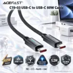 ACEFAST C19-03 1.2m USB-C To USB-C Cable With 60W 20V⎓3A Fast Charging, USB 2.0 Data Transfer, Blue Power Indicators, Aluminum Alloy Connectors, And Nylon Braiding