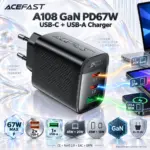 ACEFAST A108 67W GaN EU Wall Charger With 2 USB-C And 1 USB-A Port, PPS, PD3.0, QC4+, 45W+20W Multi-Port Charging, Compact Flame-Retardant PC Textured Design