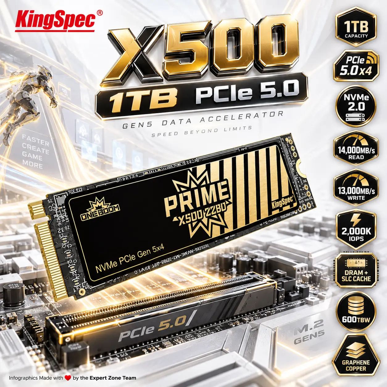 IMG_6aa2b86d29515.webp KingSpec X500 1TB PCIe 5.0 x4 NVMe 2.0 M.2 SSD, 14,000MB/s Read, 13,000MB/s Write, DRAM + SLC Cache, 600TBW & Graphene Cooling - Image 1