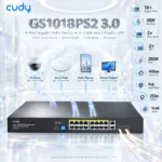 Cudy 16-Port Gigabit PoE+ Switch, 16×30W PoE+, 2× GbE Uplink, 2× SFP, 200W PSU, Watchdog, VLAN, 250m Extend, Rackmount, Ports 9–16 Extend, 4kV RJ45 Surge Protection | GS1018PS2 3.0
