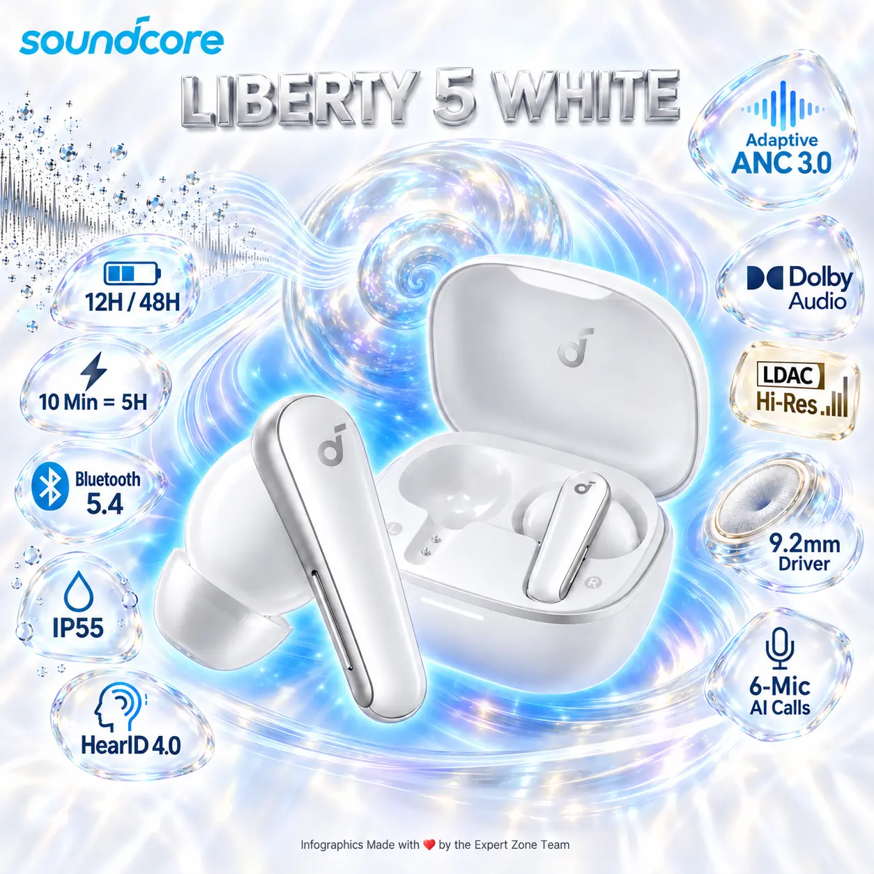IMG_6aa7fac9e4de5.webp soundcore Liberty 5 TWS Earbuds, Adaptive ANC 3.0, Dolby Audio, LDAC Hi-Res, 9.2mm Drivers, 6-Mic AI Calls, Bluetooth 5.4, 48H Battery | WHITE - Image 1